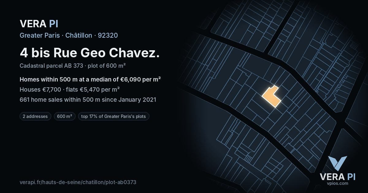 4 bis Rue Geo Chavez, Châtillon at night – the plot lit, the parcels around coloured by the prices near them