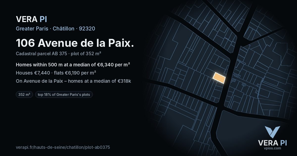 106 Avenue de la Paix, Châtillon at night – the plot lit, the parcels around coloured by the prices near them