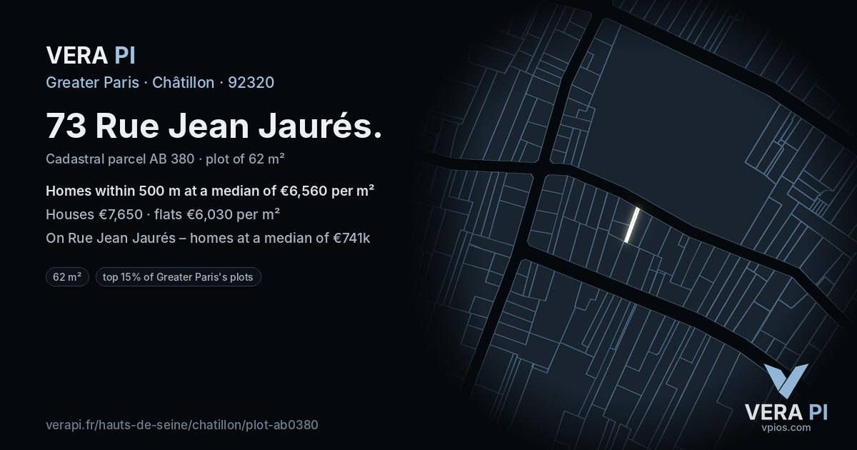 73 Rue Jean Jaurés, Châtillon at night – the plot lit, the parcels around coloured by the prices near them