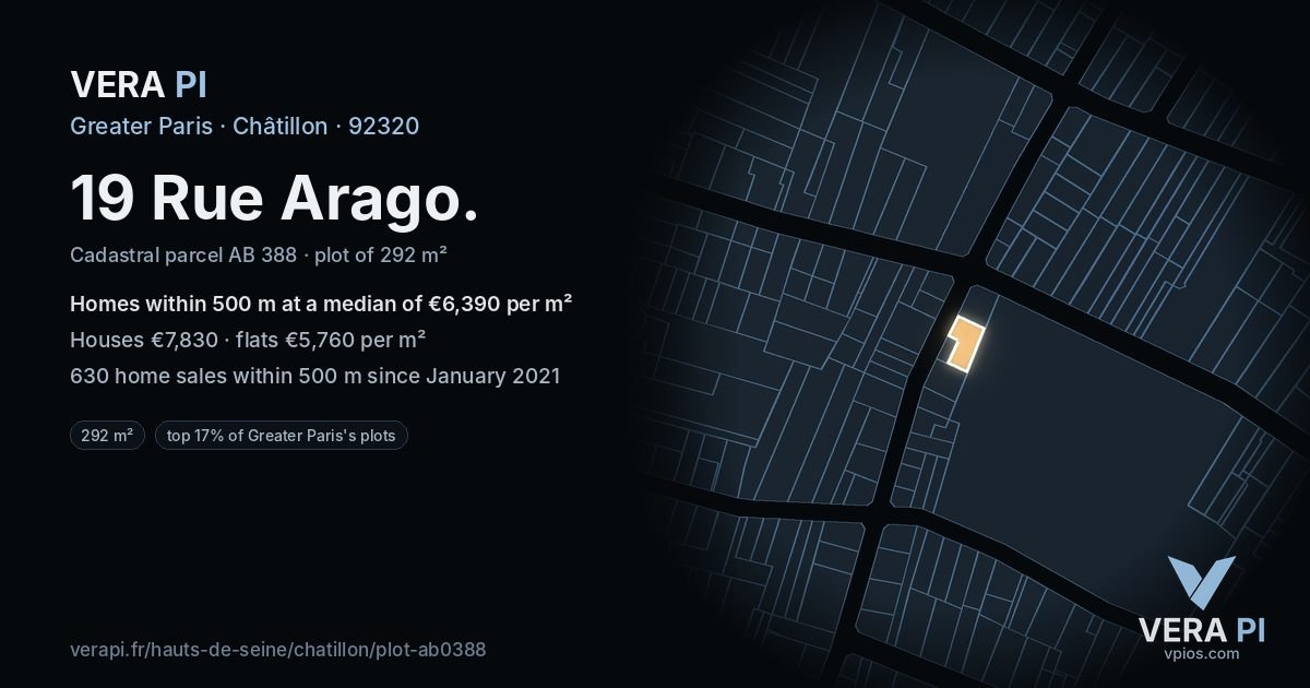 19 Rue Arago, Châtillon at night – the plot lit, the parcels around coloured by the prices near them