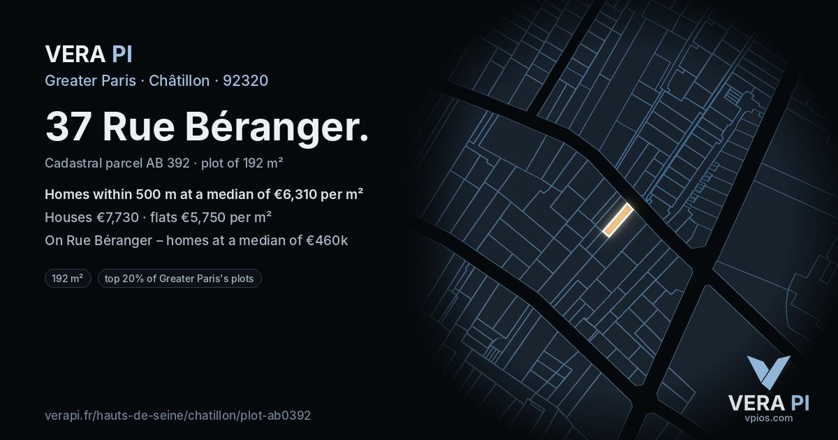 37 Rue Béranger, Châtillon at night – the plot lit, the parcels around coloured by the prices near them