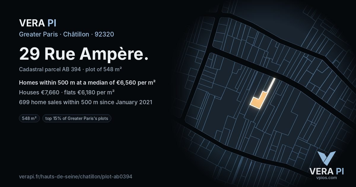 29 Rue Ampère, Châtillon at night – the plot lit, the parcels around coloured by the prices near them