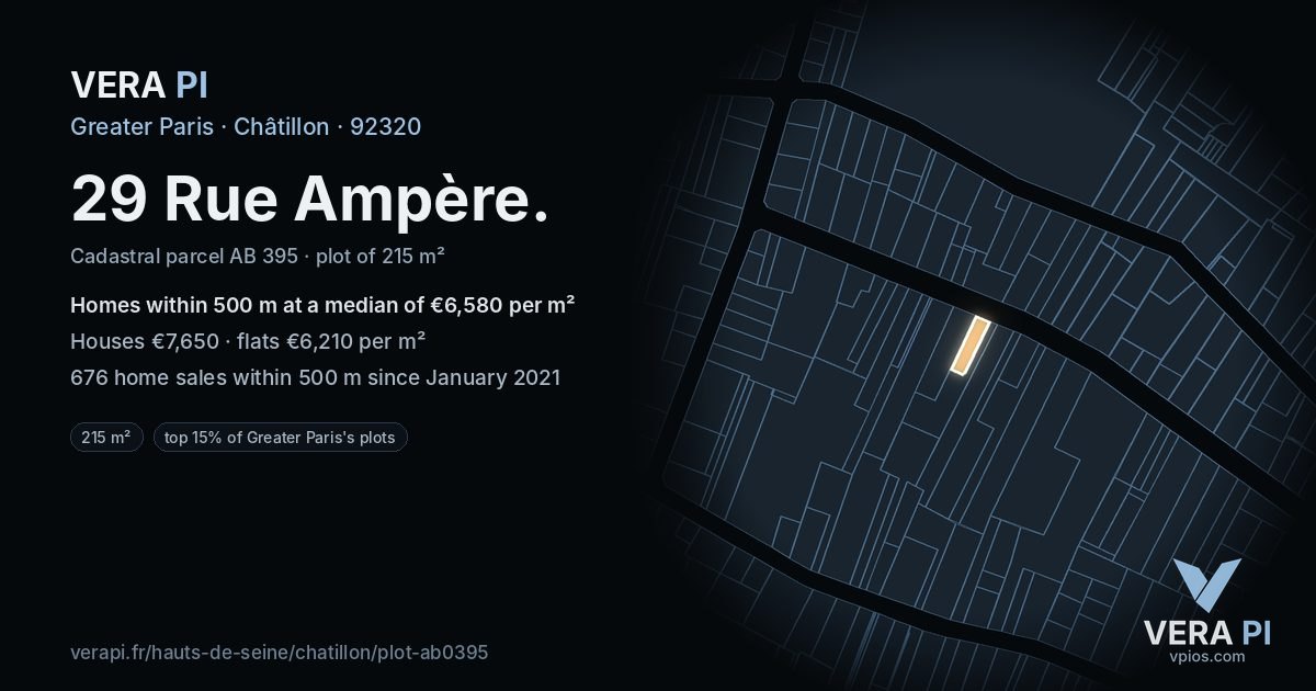 29 Rue Ampère, Châtillon at night – the plot lit, the parcels around coloured by the prices near them