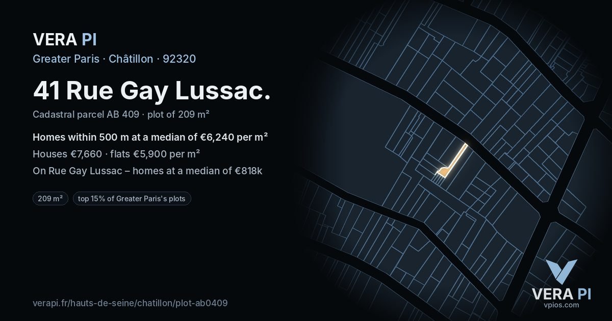 41 Rue Gay Lussac, Châtillon at night – the plot lit, the parcels around coloured by the prices near them