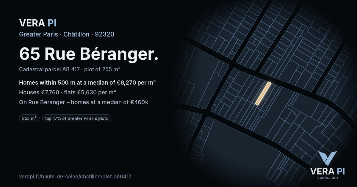 65 Rue Béranger, Châtillon at night – the plot lit, the parcels around coloured by the prices near them