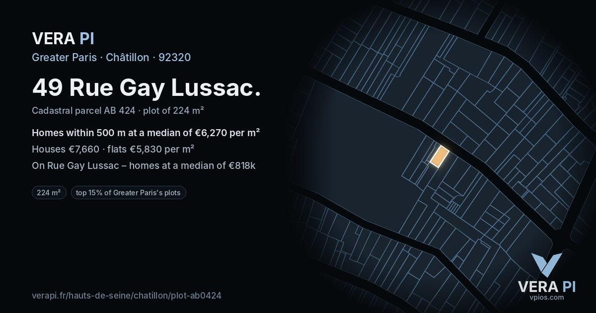 49 Rue Gay Lussac, Châtillon at night – the plot lit, the parcels around coloured by the prices near them