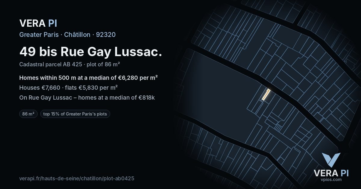 49 bis Rue Gay Lussac, Châtillon at night – the plot lit, the parcels around coloured by the prices near them