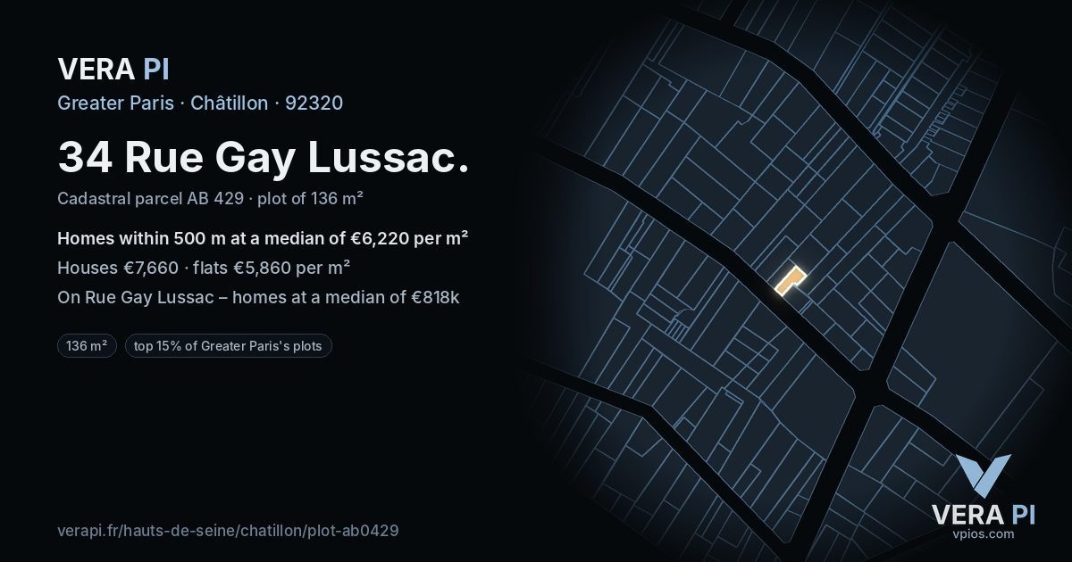 34 Rue Gay Lussac, Châtillon at night – the plot lit, the parcels around coloured by the prices near them