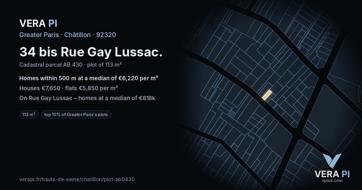 34 bis Rue Gay Lussac, Châtillon at night – the plot lit, the parcels around coloured by the prices near them