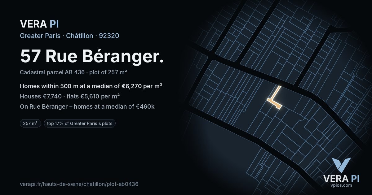 57 Rue Béranger, Châtillon at night – the plot lit, the parcels around coloured by the prices near them