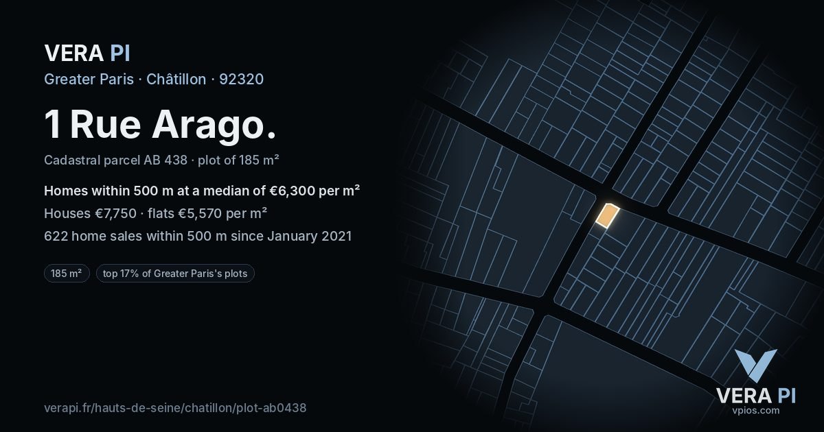 1 Rue Arago, Châtillon at night – the plot lit, the parcels around coloured by the prices near them