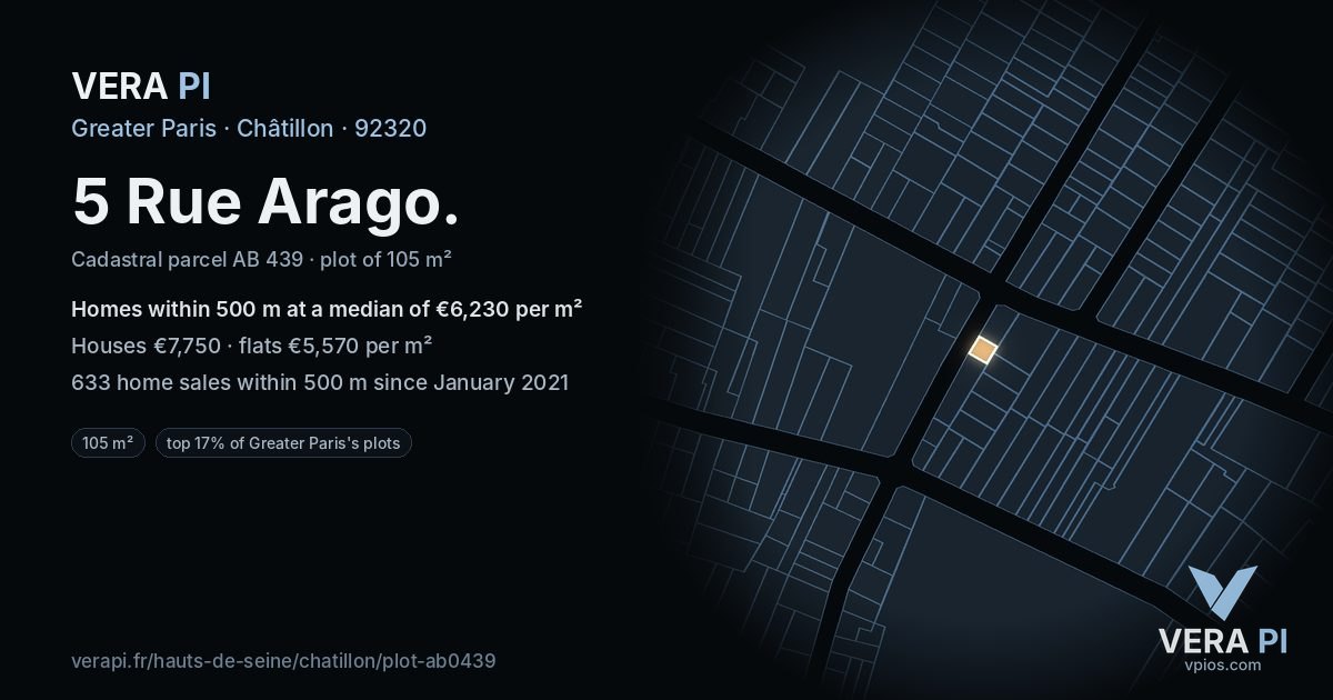 5 Rue Arago, Châtillon at night – the plot lit, the parcels around coloured by the prices near them