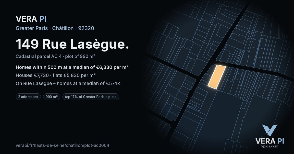149 Rue Lasègue, Châtillon at night – the plot lit, the parcels around coloured by the prices near them