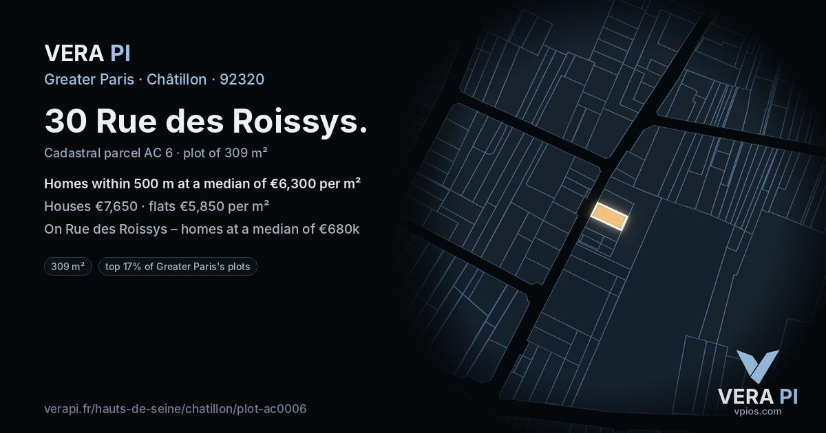 30 Rue des Roissys, Châtillon at night – the plot lit, the parcels around coloured by the prices near them