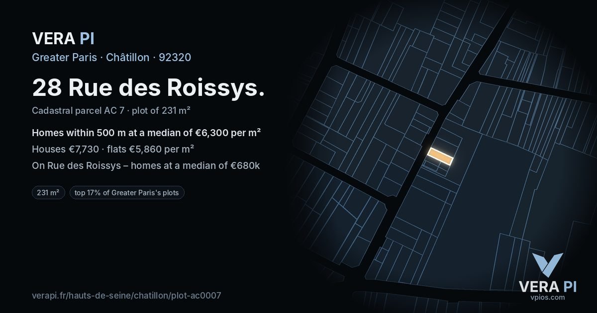28 Rue des Roissys, Châtillon at night – the plot lit, the parcels around coloured by the prices near them