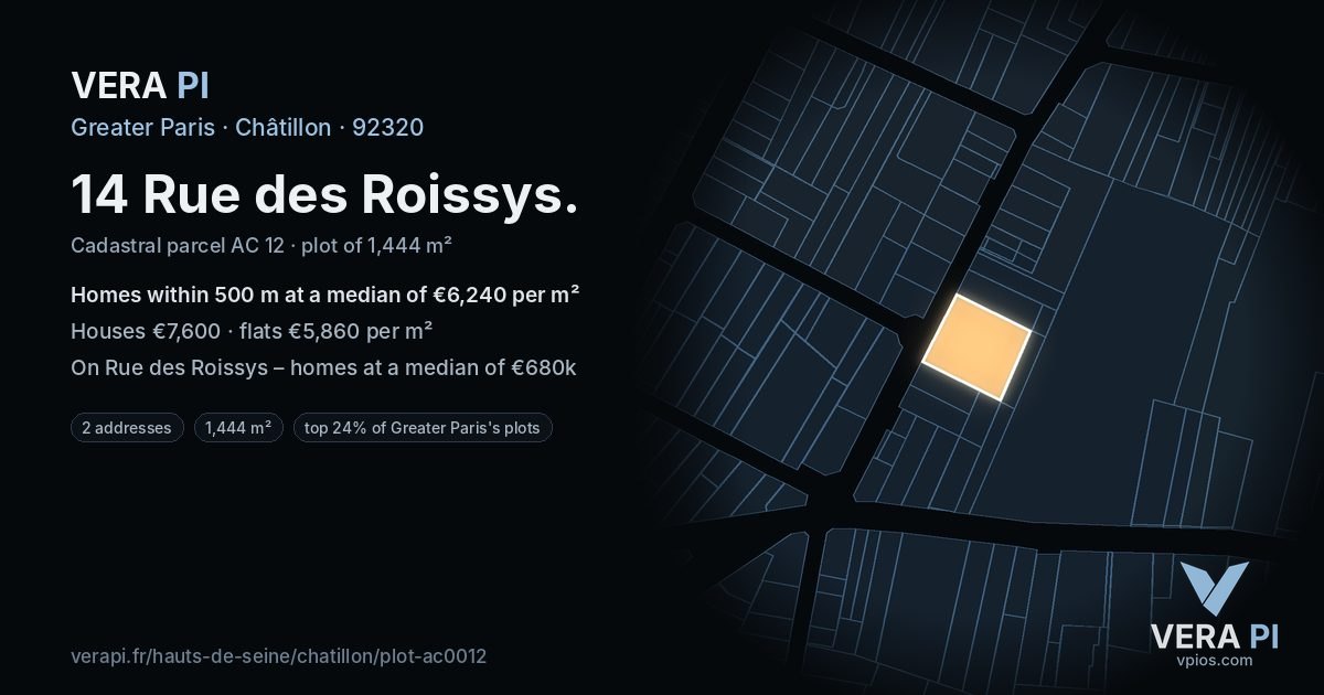 14 Rue des Roissys, Châtillon at night – the plot lit, the parcels around coloured by the prices near them
