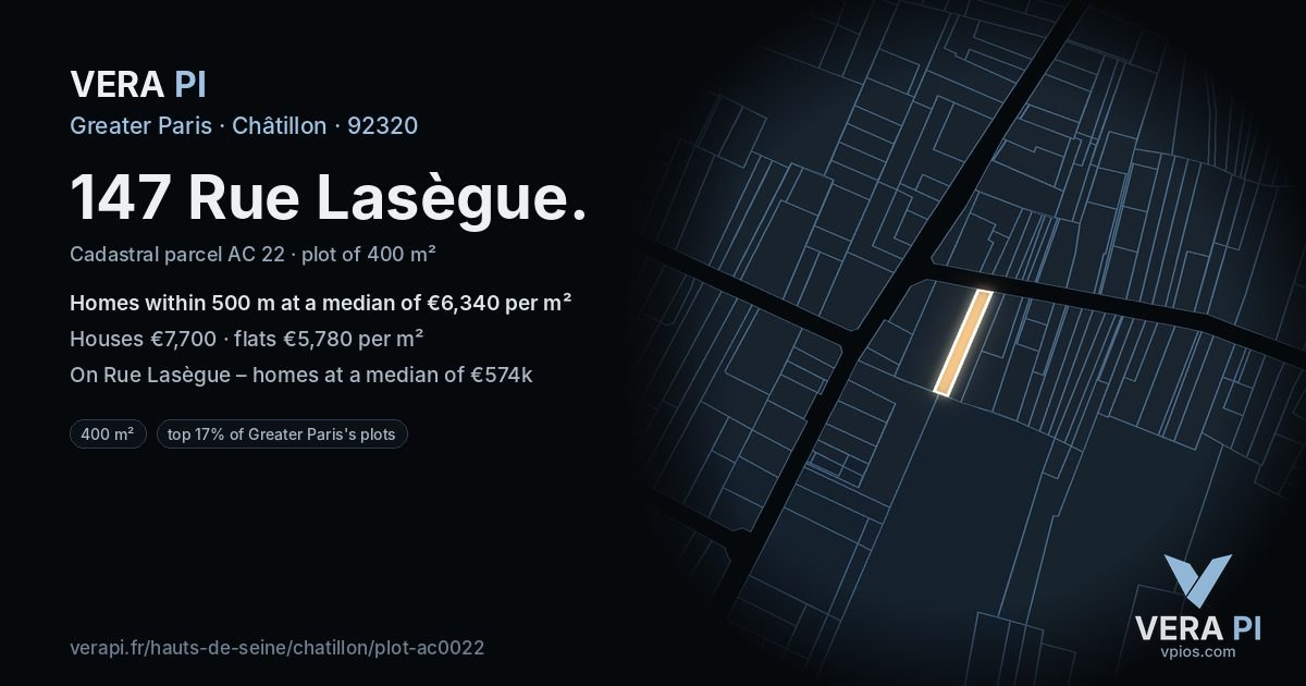147 Rue Lasègue, Châtillon at night – the plot lit, the parcels around coloured by the prices near them