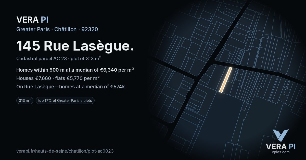 145 Rue Lasègue, Châtillon at night – the plot lit, the parcels around coloured by the prices near them