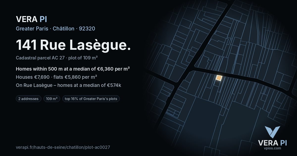 141 Rue Lasègue, Châtillon at night – the plot lit, the parcels around coloured by the prices near them