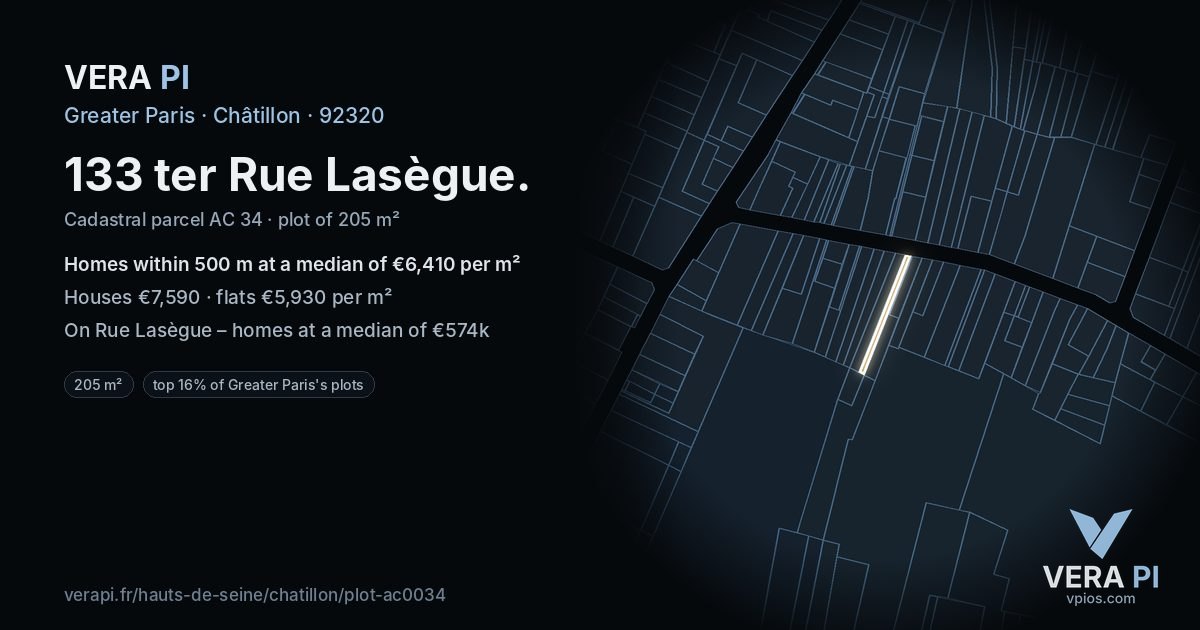 133 ter Rue Lasègue, Châtillon at night – the plot lit, the parcels around coloured by the prices near them