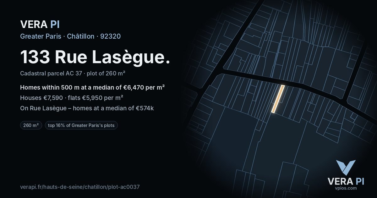 133 Rue Lasègue, Châtillon at night – the plot lit, the parcels around coloured by the prices near them