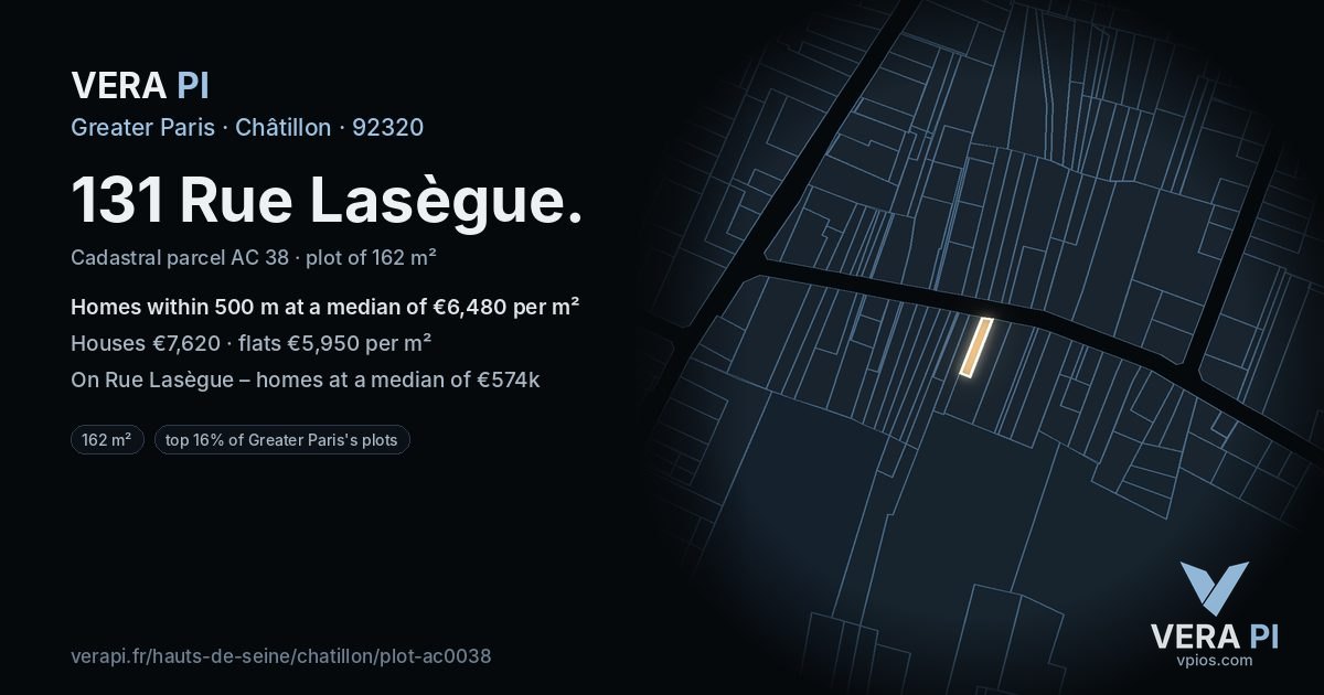 131 Rue Lasègue, Châtillon at night – the plot lit, the parcels around coloured by the prices near them