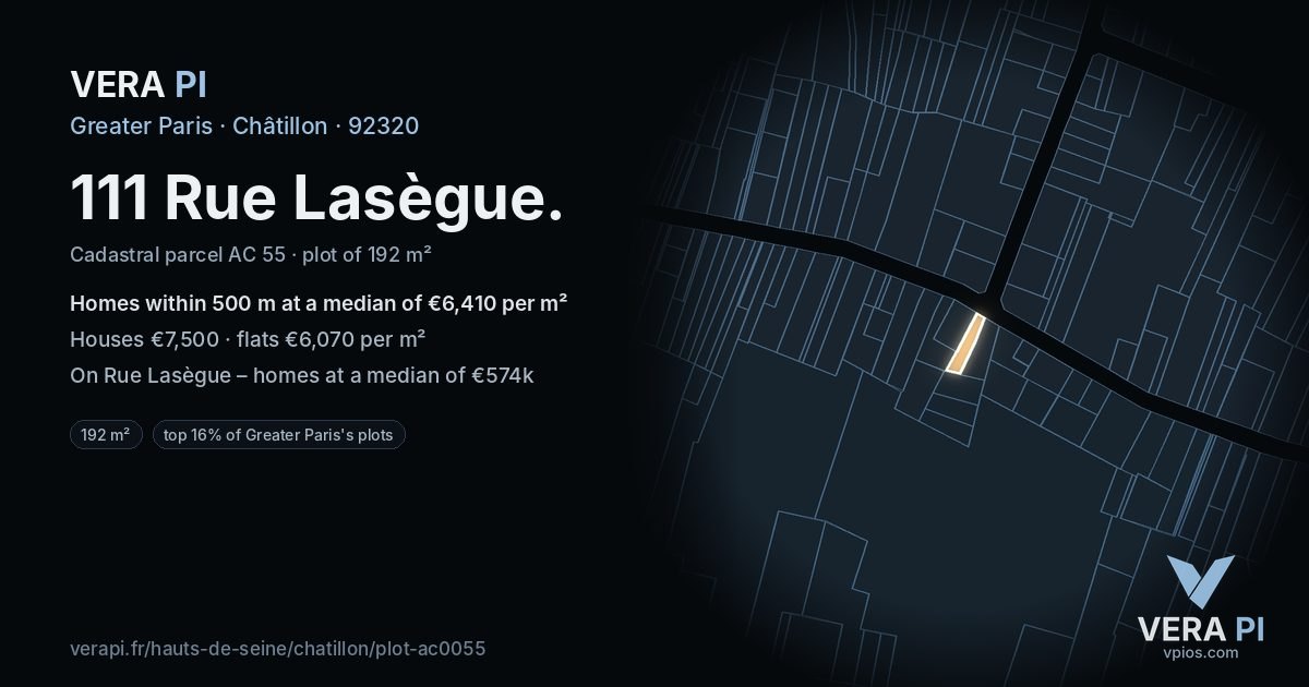 111 Rue Lasègue, Châtillon at night – the plot lit, the parcels around coloured by the prices near them