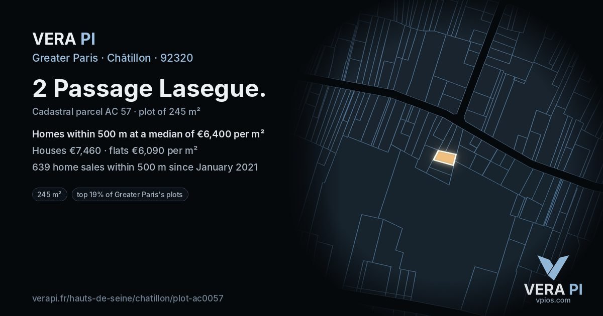 2 Passage Lasegue, Châtillon at night – the plot lit, the parcels around coloured by the prices near them