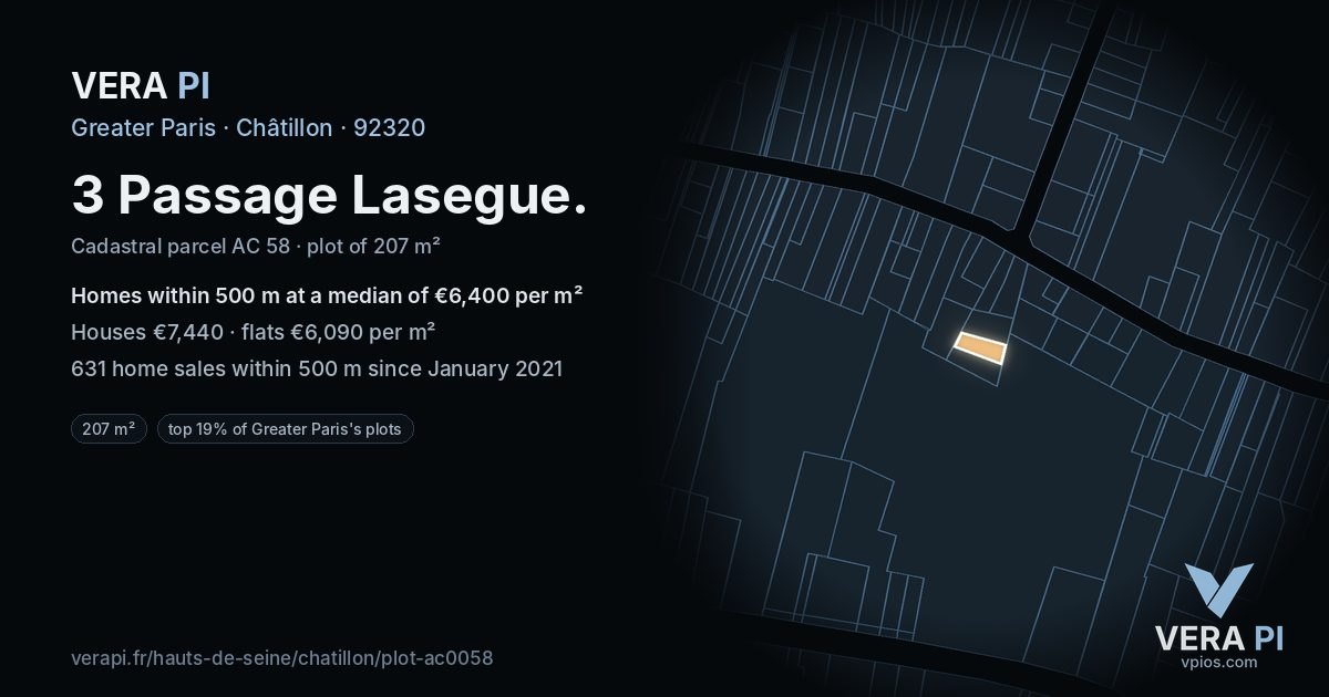 3 Passage Lasegue, Châtillon at night – the plot lit, the parcels around coloured by the prices near them