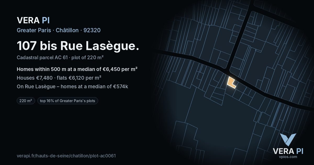 107 bis Rue Lasègue, Châtillon at night – the plot lit, the parcels around coloured by the prices near them
