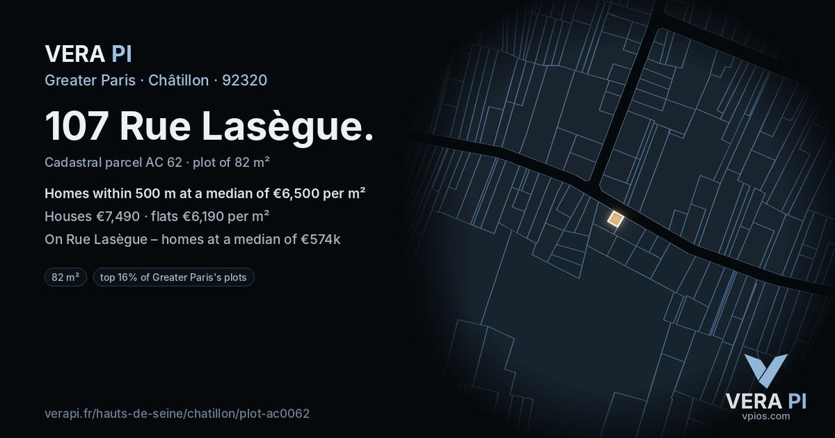 107 Rue Lasègue, Châtillon at night – the plot lit, the parcels around coloured by the prices near them