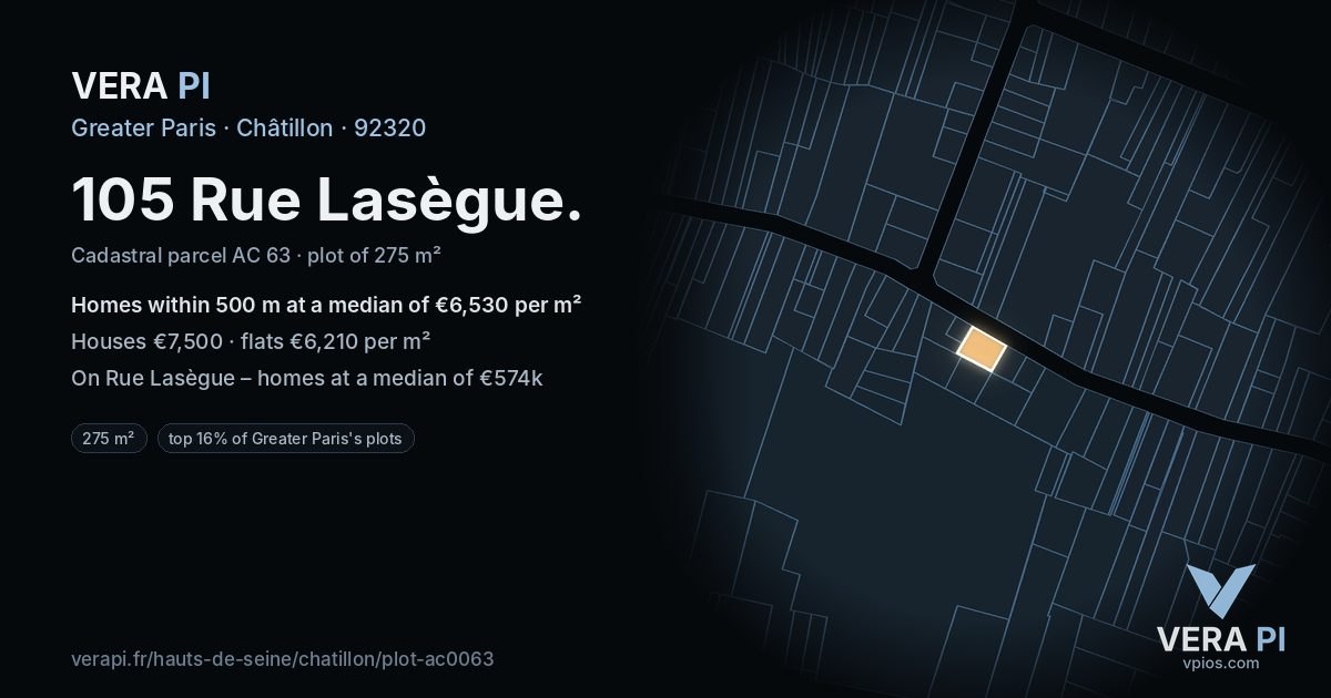 105 Rue Lasègue, Châtillon at night – the plot lit, the parcels around coloured by the prices near them
