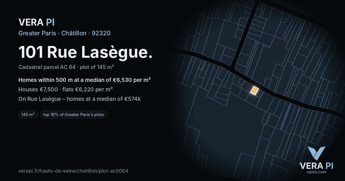 101 Rue Lasègue, Châtillon at night – the plot lit, the parcels around coloured by the prices near them