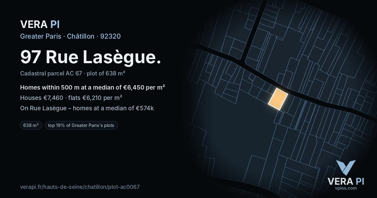97 Rue Lasègue, Châtillon at night – the plot lit, the parcels around coloured by the prices near them