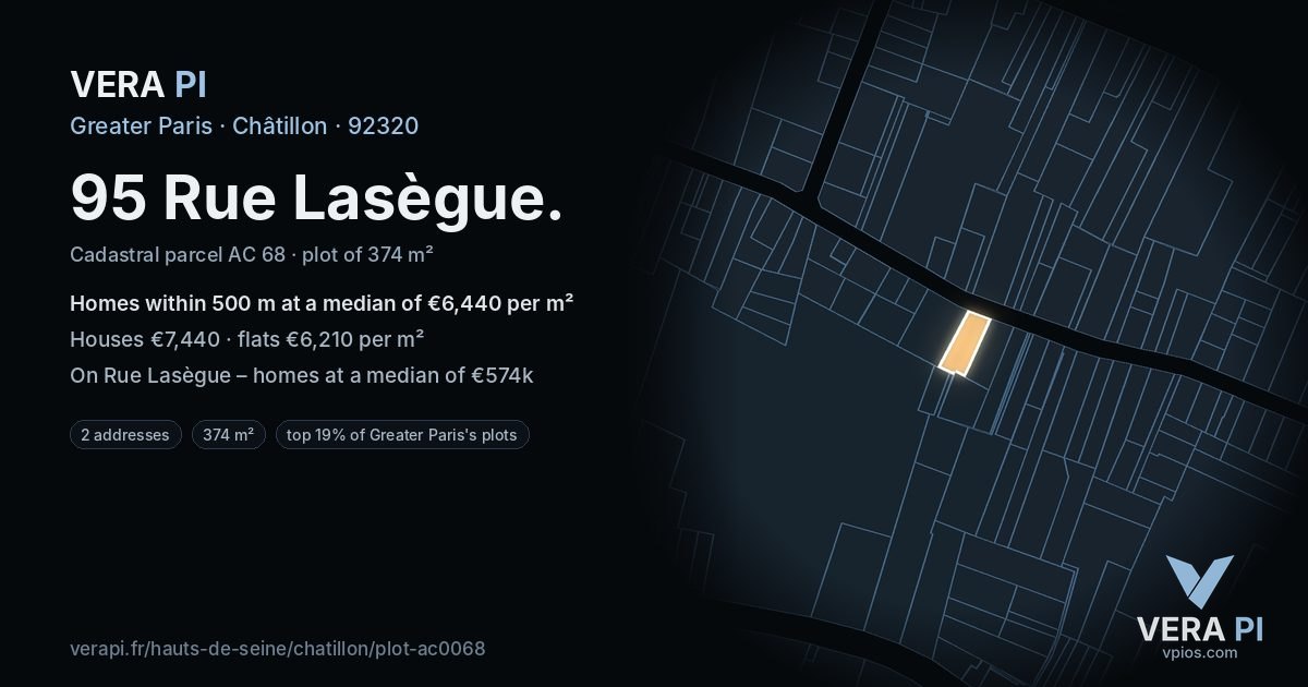 95 Rue Lasègue, Châtillon at night – the plot lit, the parcels around coloured by the prices near them