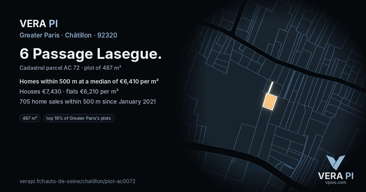 6 Passage Lasegue, Châtillon at night – the plot lit, the parcels around coloured by the prices near them