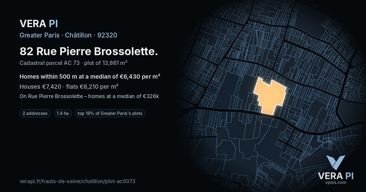 82 Rue Pierre Brossolette, Châtillon at night – the plot lit, the parcels around coloured by the prices near them