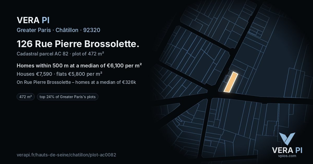 126 Rue Pierre Brossolette, Châtillon at night – the plot lit, the parcels around coloured by the prices near them