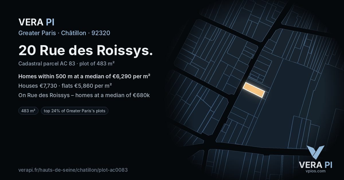 20 Rue des Roissys, Châtillon at night – the plot lit, the parcels around coloured by the prices near them