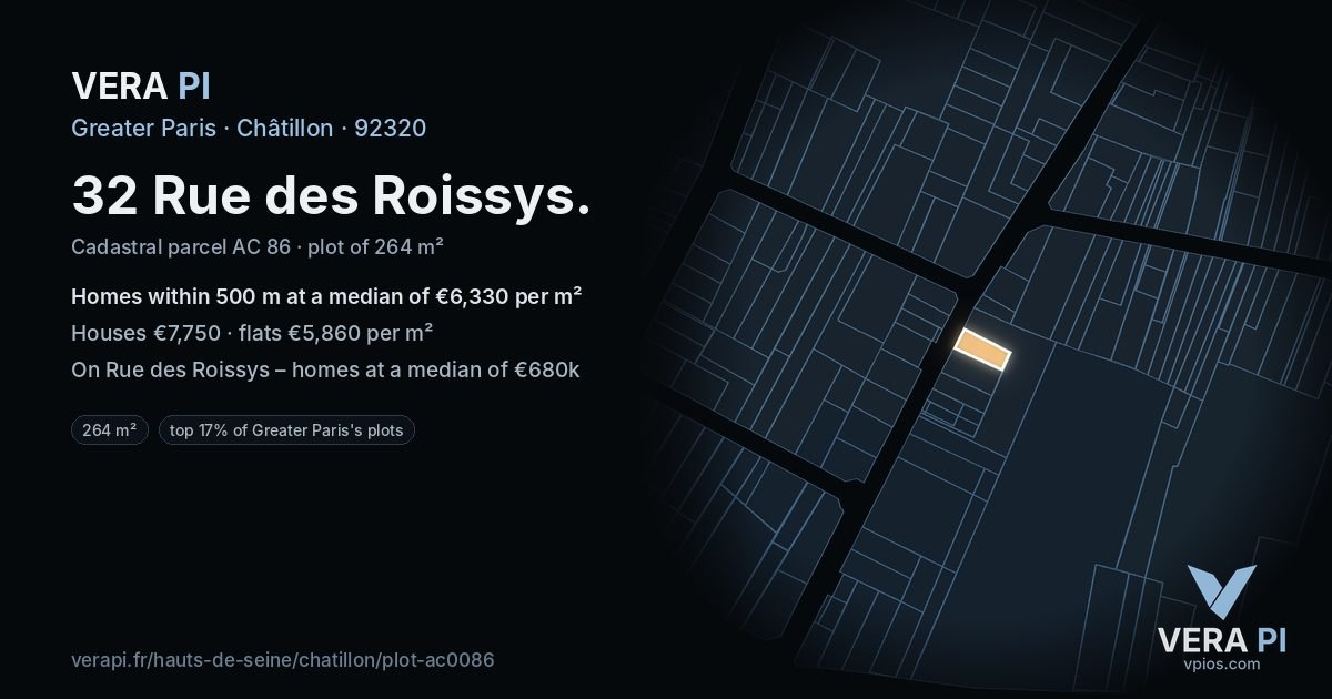 32 Rue des Roissys, Châtillon at night – the plot lit, the parcels around coloured by the prices near them
