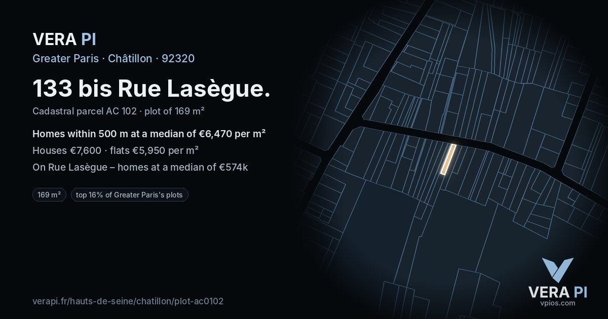 133 bis Rue Lasègue, Châtillon at night – the plot lit, the parcels around coloured by the prices near them