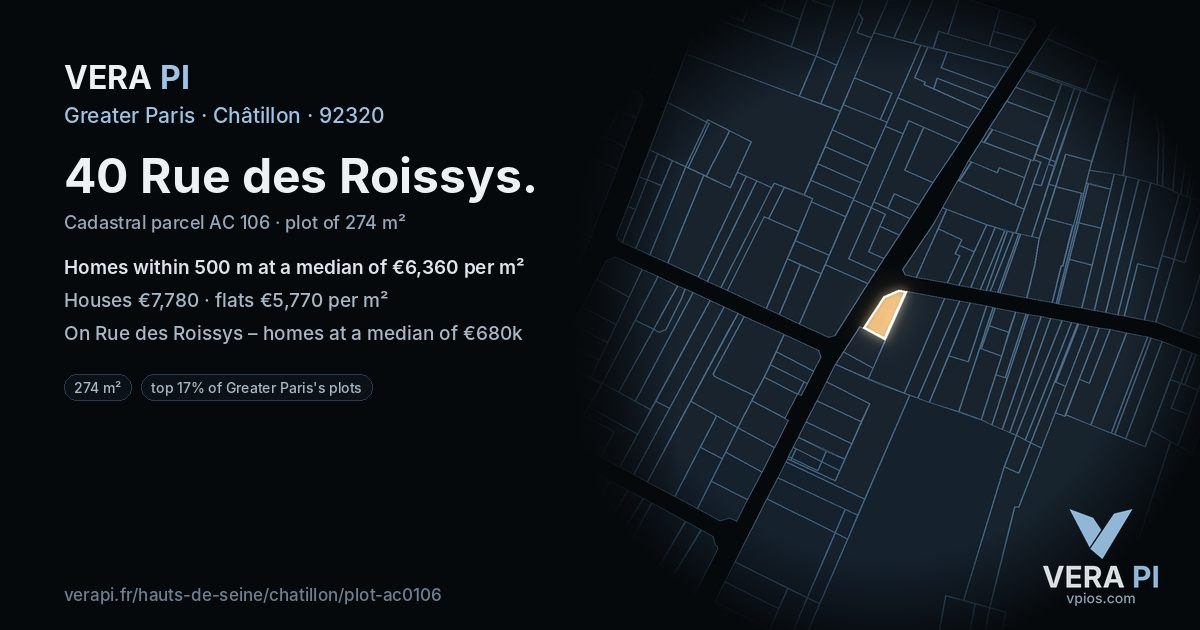 40 Rue des Roissys, Châtillon at night – the plot lit, the parcels around coloured by the prices near them