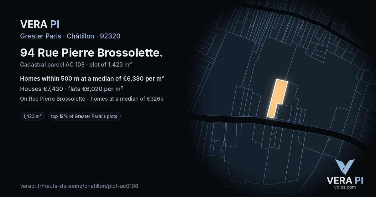 94 Rue Pierre Brossolette, Châtillon at night – the plot lit, the parcels around coloured by the prices near them