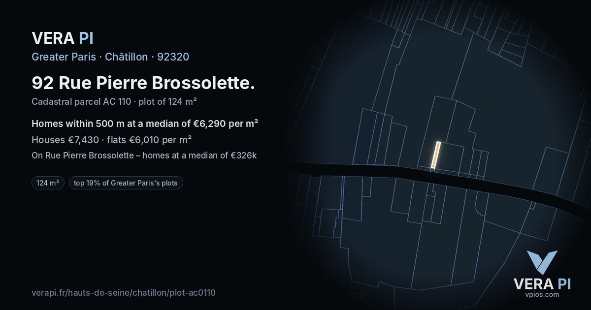 92 Rue Pierre Brossolette, Châtillon at night – the plot lit, the parcels around coloured by the prices near them