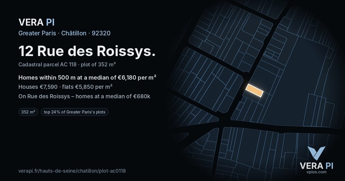 12 Rue des Roissys, Châtillon at night – the plot lit, the parcels around coloured by the prices near them