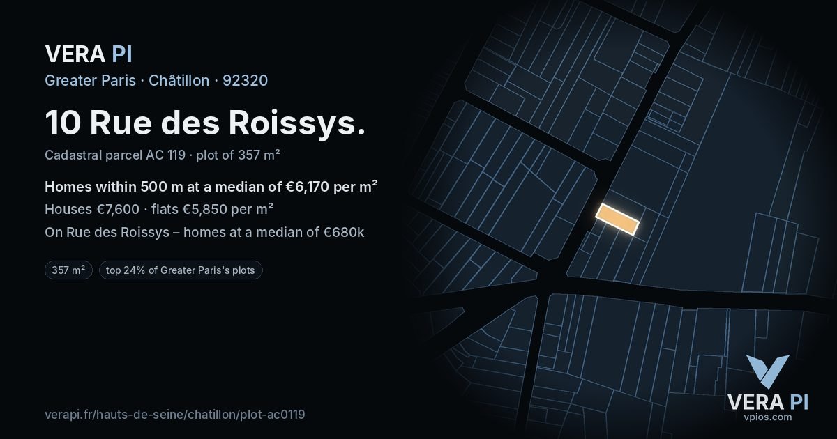 10 Rue des Roissys, Châtillon at night – the plot lit, the parcels around coloured by the prices near them