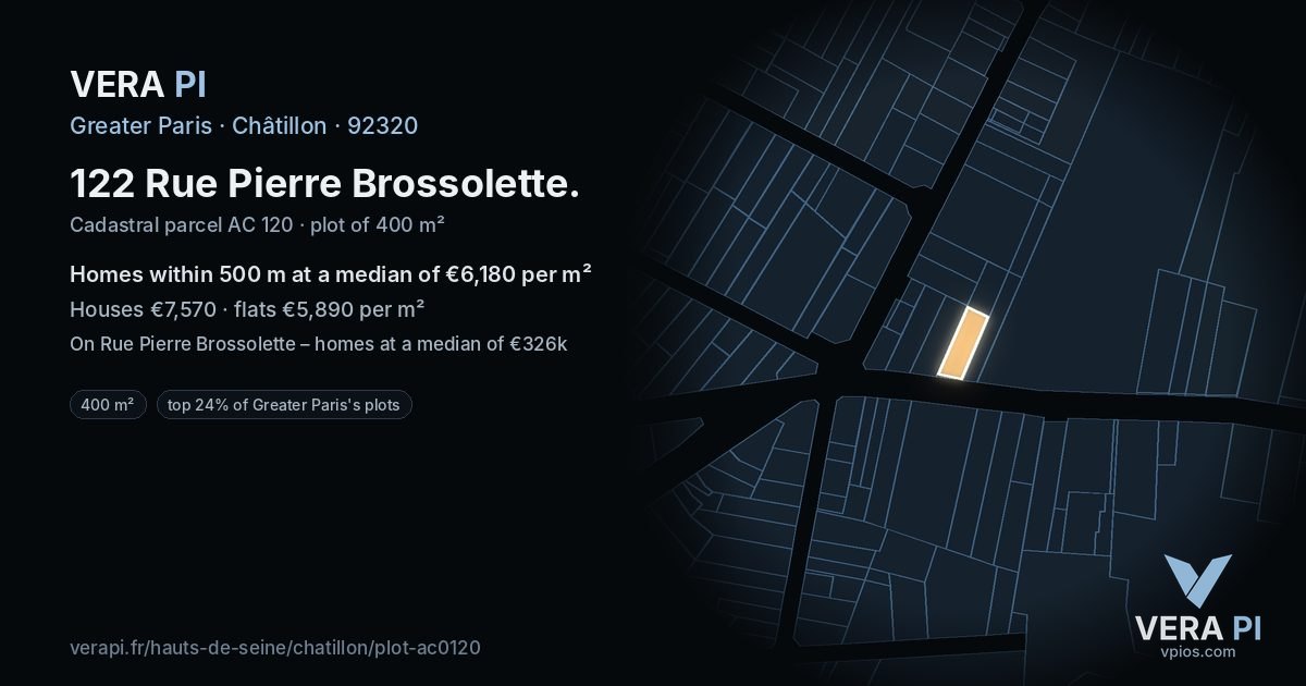 122 Rue Pierre Brossolette, Châtillon at night – the plot lit, the parcels around coloured by the prices near them