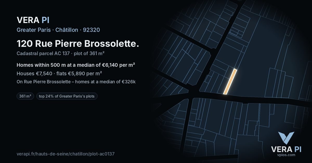 120 Rue Pierre Brossolette, Châtillon at night – the plot lit, the parcels around coloured by the prices near them