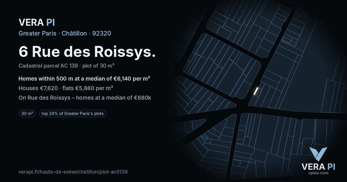 6 Rue des Roissys, Châtillon at night – the plot lit, the parcels around coloured by the prices near them