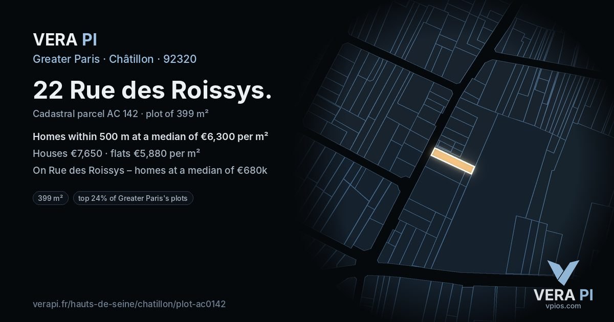 22 Rue des Roissys, Châtillon at night – the plot lit, the parcels around coloured by the prices near them